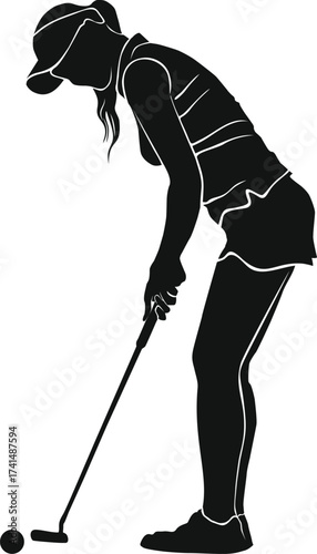 Silhouette of a female golfer focused on putting on a white background with her club and ball