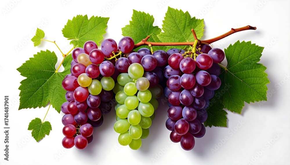 Obraz premium Three Bunches of Grapes - Red, Green, and Purple Varieties.