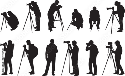 silhouettes of photographers in action vector set showing camera poses tripod and handheld stances for editorial use