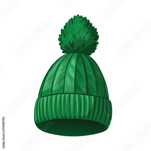 Vector illustration Green knitted bobble hat with striped texture and pom pompom