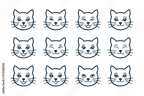 minimalist cat faces grid set of vector icons expressive feline emotions line art