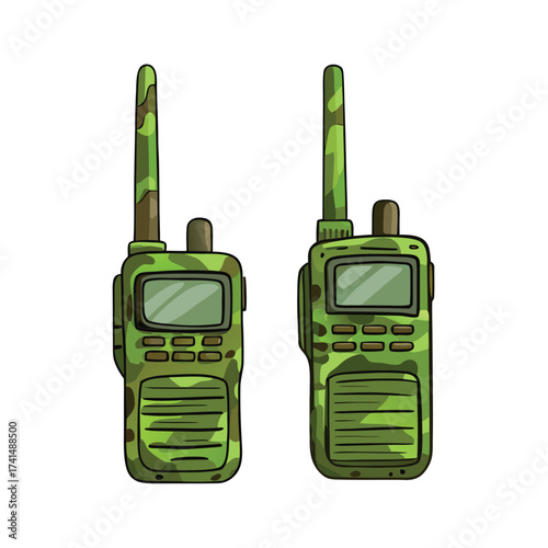 Vector illustration Two green camouflage walkie talkies with antennas radio communication
