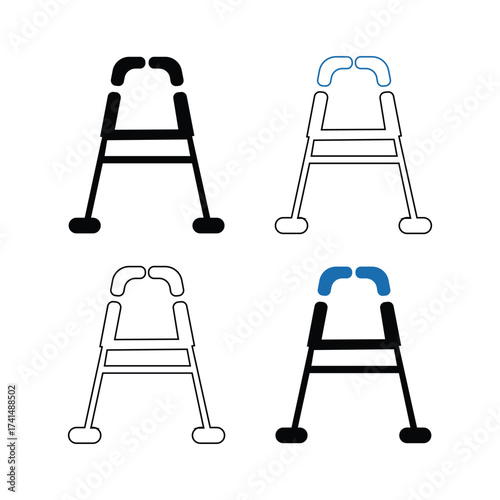 Four different styles of walker frames for mobility assistance and support