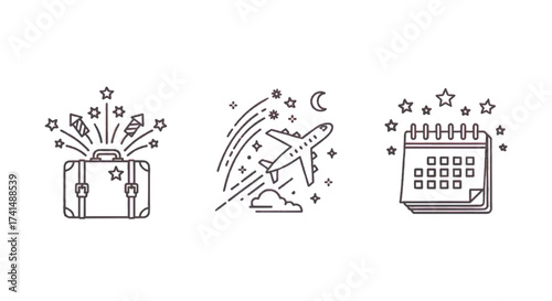 The image displays three distinct icons, each related to travel or planning, presented in a minimalist line-art style