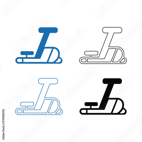 Set of four stylized icons representing a stationary exercise bicycle in different design styles