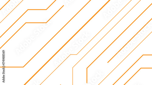 Abstract minimal background with diagonal orange circuit-like lines. Geometric pattern consists of interconnected linear paths and angles, sense of motion and digital connectivity.