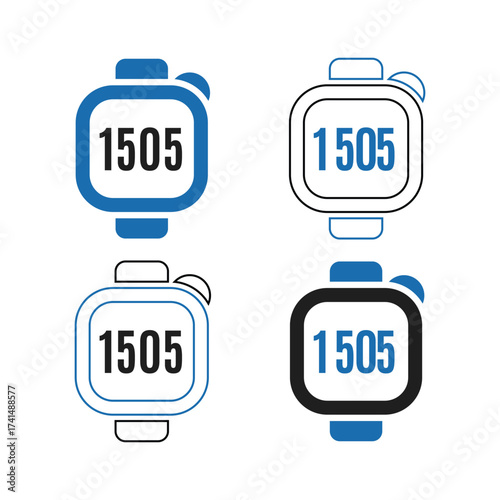 Four stylized digital counters displaying the number 1505 in various blue and white designs