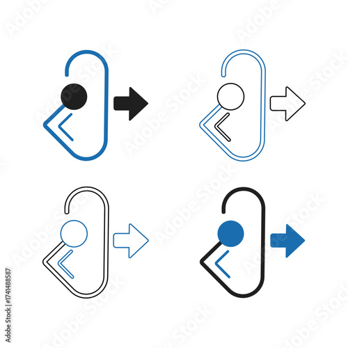 Set of four door hanger icons representing different styles and states of a door knob with an arrow