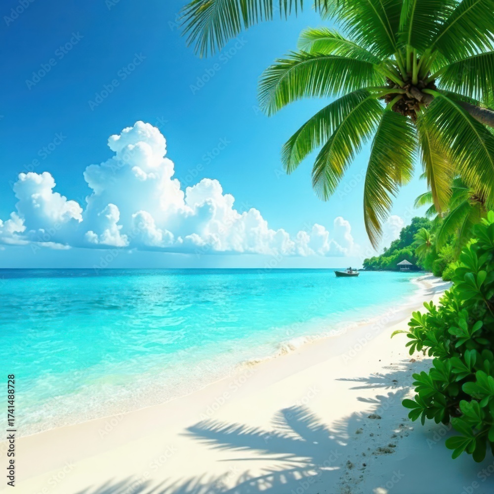 Obraz premium Azure waters lap pristine white sand, lush tropical foliage thrives , shadow, breathtaking