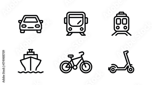 Vector art of transportation icons, including car, bus, train, ship, bicycle, and scooter in simple line style