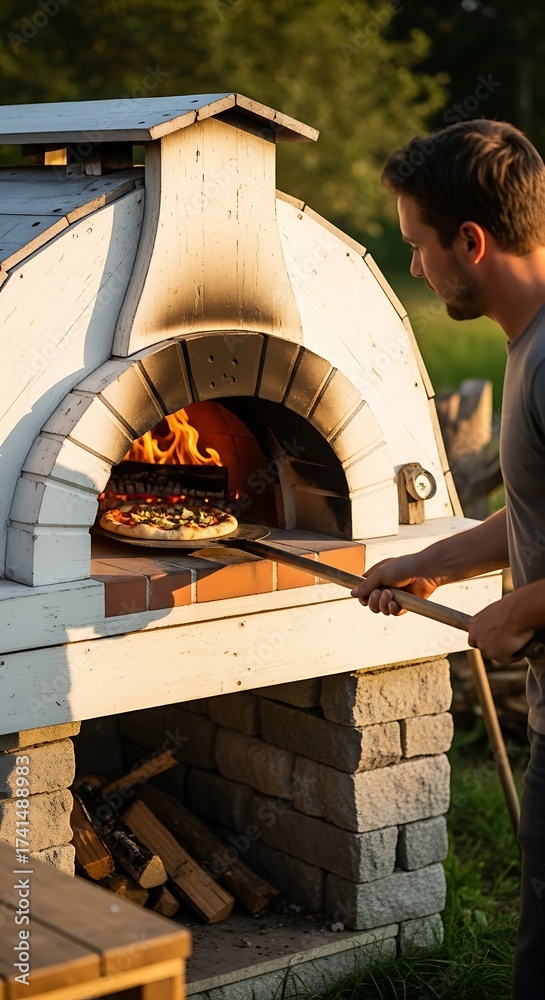 Obraz premium Man Baking Pizza in Outdoor Wood-Fired Oven at Sunset.
