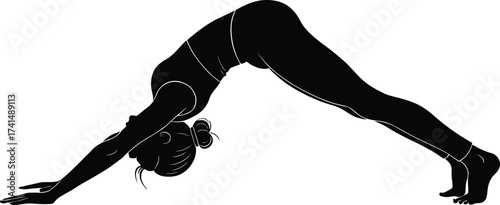 Yoga silhouette, downward-facing dog, woman stretching, body flexibility, fitness pose, wellness exercise, outdoor workout, calm posture, healthy lifestyle, strength training