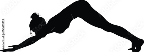 Yoga silhouette, downward dog pose, female fitness, black figure, stretching exercise, wellness posture, body balance, calm mind, healthy lifestyle, meditation