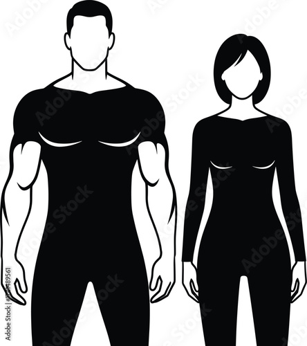 Male and female body silhouette illustration, muscular man outline, slim woman outline, human anatomy vector, fitness health design, gender body shapes, biology diagram