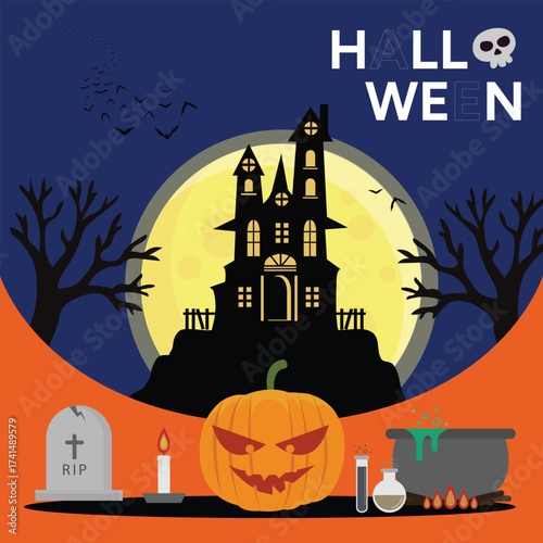 Happy Halloween scary pumpkin monster and Ghost Costume Kid. character and poster design