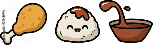 Cartoon chicken drumstick rice ball and sauce bowl illustration for food lovers