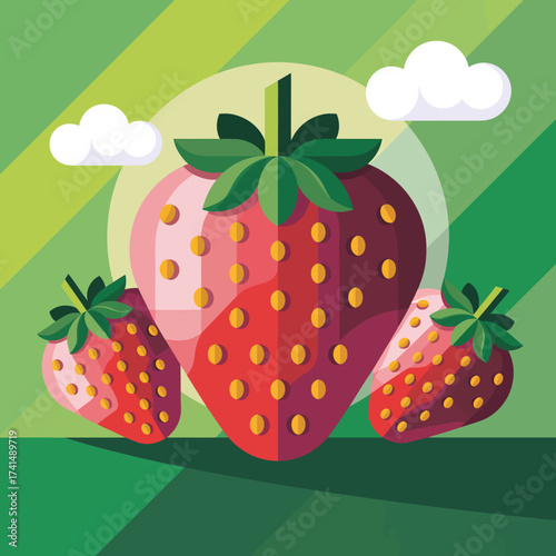 Strawberry vector illustration with green background and clouds for design needs