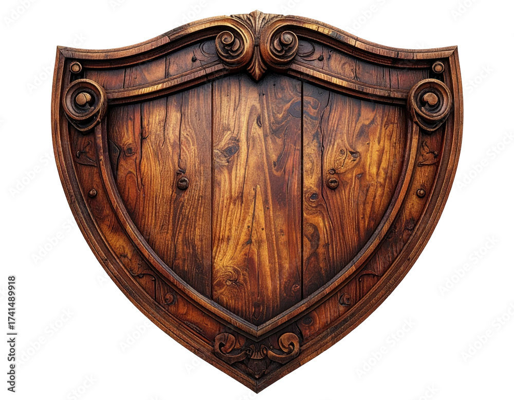 Fototapeta premium Ornate wooden shield. Decorative, carved, brown, shield-shaped, wood panel, vintage, ancient, medieval, defense, protection