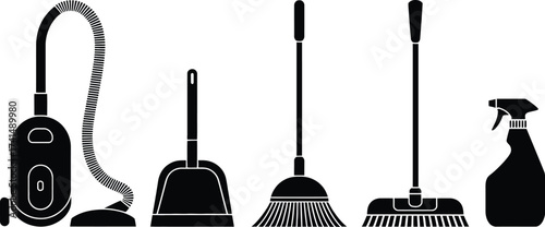 Cleaning supplies vector set vacuum cleaner broom mop spray bottle dustpan design