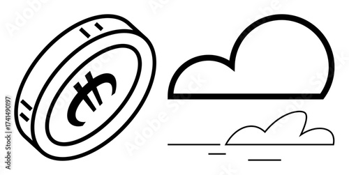 Coin with cryptocurrency logo and abstract cloud shapes. Ideal for finance, blockchain, cryptocurrency, innovation, cloud computing, fintech, and digital economy themes. Simple flat metaphor