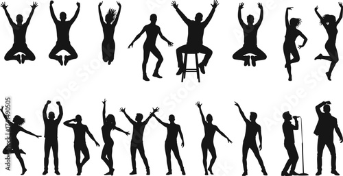 Human silhouette, dancing pose, expressive movement, black figure artwork, energetic stance, performance gesture, body language, isolated graphic, minimal design, action art