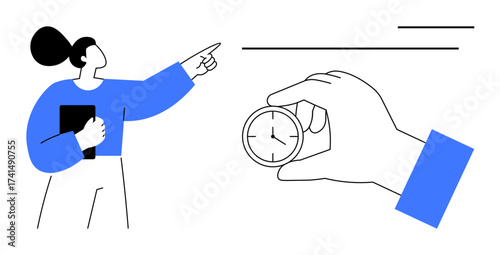 A woman with a clipboard points forward while a hand holds a clock. Ideal for time management, productivity, goal setting, planning, prioritization, decision-making, project management. Simple flat