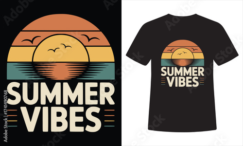 Summer Vibes T-Shirt Design – Retro Sunset, Ocean Waves & Birds