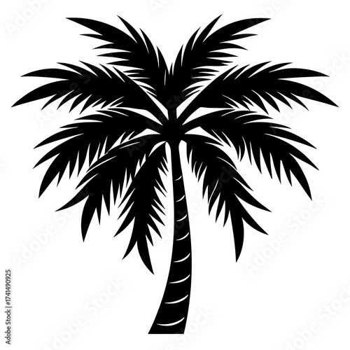 Striking black silhouette illustration of a lush tropical palm tree evoking a sense of exotic vacation and serene island paradise