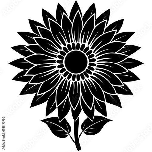 Striking black silhouette illustration of a single blooming sunflower showcasing its detailed petals and stem against a clean background perfect for floral designs