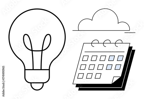 Lightbulb for innovation, calendar for scheduling, and cloud for ideas merging. Ideal for creativity, organization, brainstorming, planning, productivity, strategy simple flat metaphor