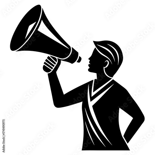 Striking black silhouette illustration of a person holding an object symbolizing action focus or achievement in a minimalist design