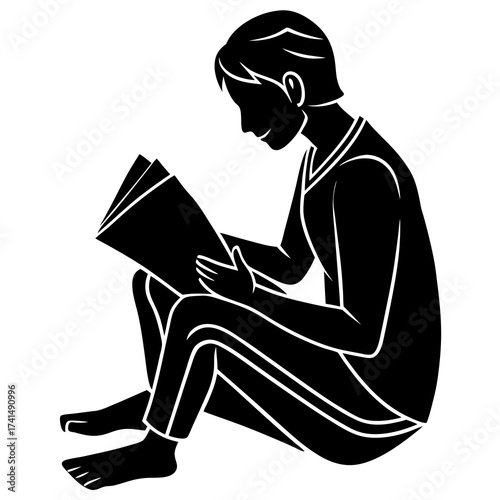 Minimalist black silhouette illustration of a person engrossed in reading a book ideal for educational or literary promotions and advertisements
