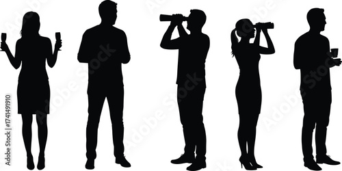 Silhouette of people drinking, man and woman holding glasses, party celebration vector illustration, friends toasting with bottles, beverage lifestyle design artwork