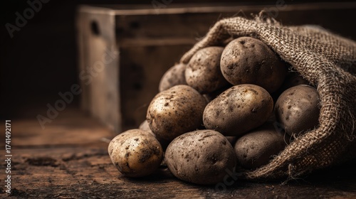 Freshly harvested potatoes in a burlap sack on wooden surface