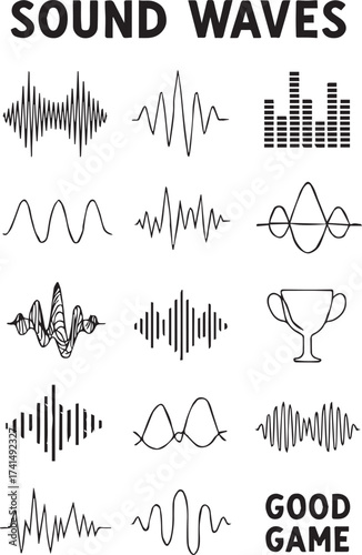 Art & IllustrationSound Waves Icon Set – Music Equalizer, Audio Waveform and Frequency Signals.
