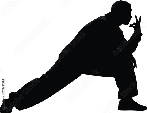 Silhouette, dancer, street style, attitude pose, cap, casual wear, expressive movement, urban fashion, OK gesture, dynamic stance, youth, energy, black figure, wh