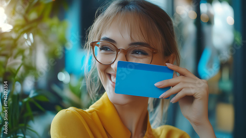 Smiling young woman wearing glasses holding a blue credit card in front of her mouth with a happy expression