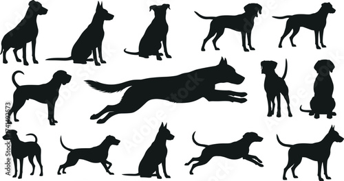 Dog silhouettes, black dog shapes, pet poses, canine vector, animal icons, dog clipart, running dog, sitting dog, walking dog, leaping dog, dog collection, dog graphics, dog illustrati