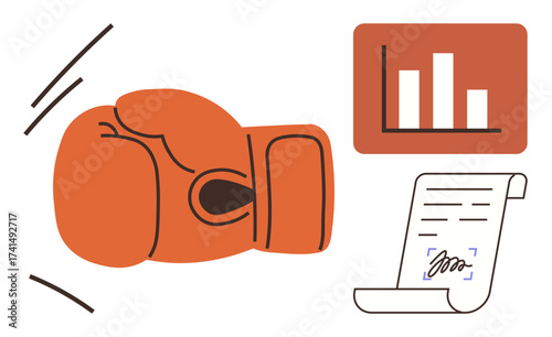 Boxing glove in motion, bar chart, signed contract, symbolizing competition, growth, agreements, and conflict resolution. Ideal for business, negotiation strategy teamwork analytics law