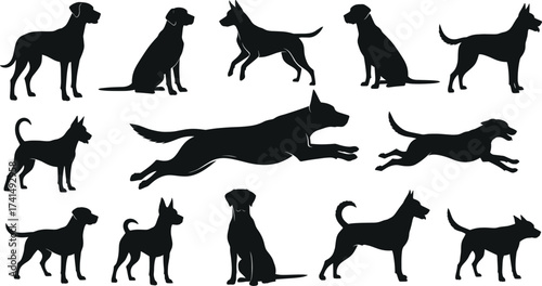 Dog silhouettes in various poses, black canine shapes, sitting, standing, walking, running, jumping, isolated animals, vector illustration, pet icons