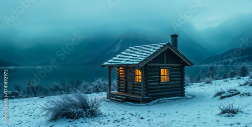 Fototapeta Naklejka Na Ścianę i Meble -  Cozy Log Cabin in Snowy Mountain Landscape.