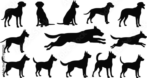 Dog silhouettes in motion, black canine shapes, sitting, standing, running, jumping, walking poses, isolated animals, vector illustration, pet design