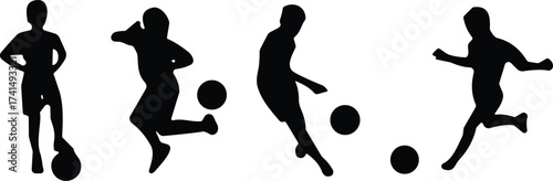 Soccer silhouettes, athletic movement, dynamic kicking, sports action, ball handling, player poses, black figures, white background, game motion, agility