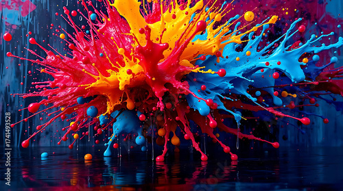 A vibrant explosion of colorful paint creates a dynamic and abstract composition with a splash effect