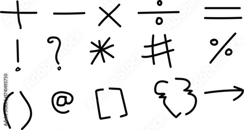 Hand-drawn mathematical symbols and punctuation marks collection simple icons