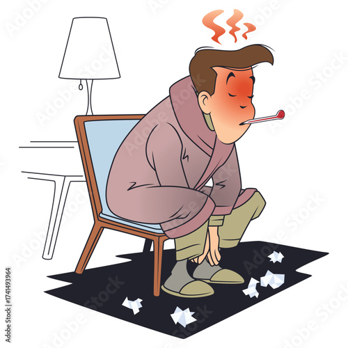 Man has cold and measures temperature.