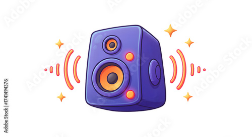 Cartoon speaker illustration with sound waves and stars vector design element for audio and music concepts isolated on white background