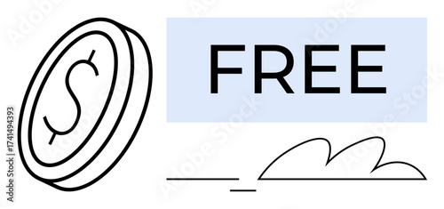 Coin with dollar sign paired with bold FREE text in a flat blue rectangle and abstract lines. Ideal for pricing, finance, savings, offers, discounts, promotions, affordability, simple flat metaphor