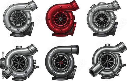 Turbocharger collection illustration, car engine turbo design set, automotive performance upgrade parts, turbo boost mechanical component, racing modification, turbo tuning artwork, vehicle power