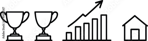 Achievement and Growth Silhouette Vector Featuring Trophy, Bar Chart with Arrow, and House Icon in Minimalist Line Art Style